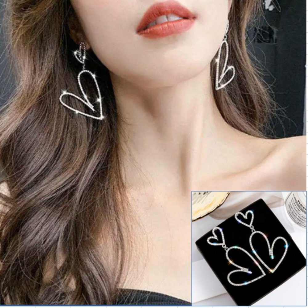 🍏50% OFF/3+...Double Hearts Dangle Earrings (Silver tone)